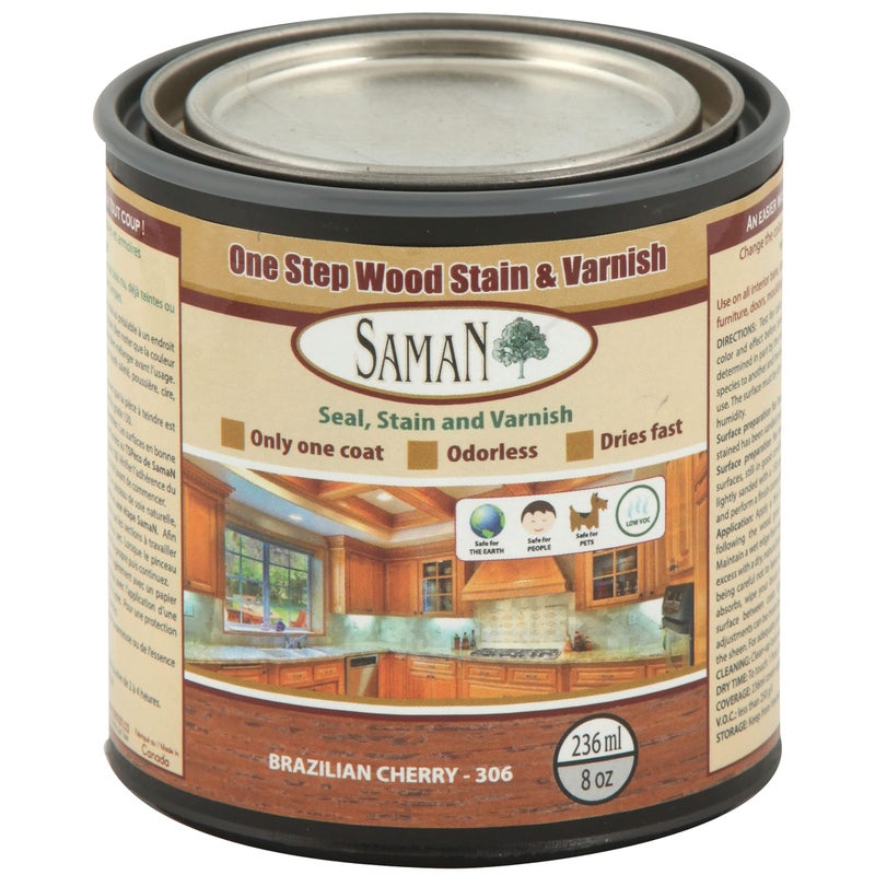 SamaN Interior One Step Wood Seal, Stain and Varnish â€“ Oil Based Odorless Dye - Protection for Furniture and Fine Wood (Brazilian Cherry SAM-306, 8 oz) - Image 1